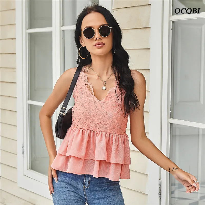 

Lace Patchwork Women Camis 2021 Summer Fashion Casual V-neck Ruffles Spaghetti Straps Tops