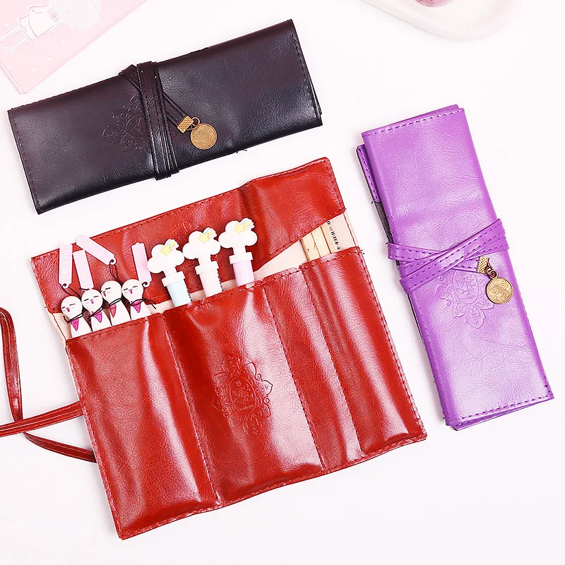 Винтажная Роскошная рулонная кожаная косметичка в стиле ретро пенал для