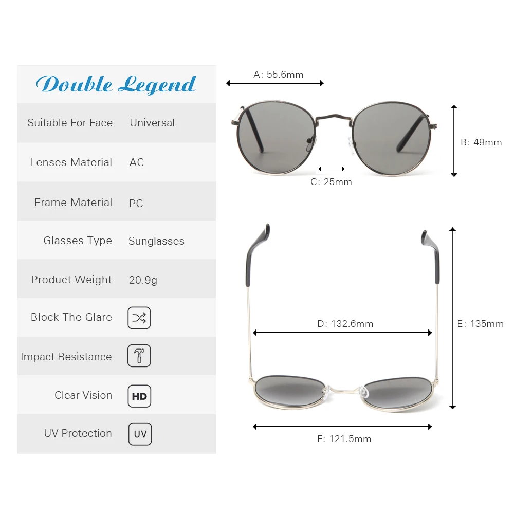

DOUBLE LEGEND Fashion Round Frame Sunglasses Trend Acrylic Lens Metal Frame Sun Glasses for Women Men Outdoor UV400 Sunglasses
