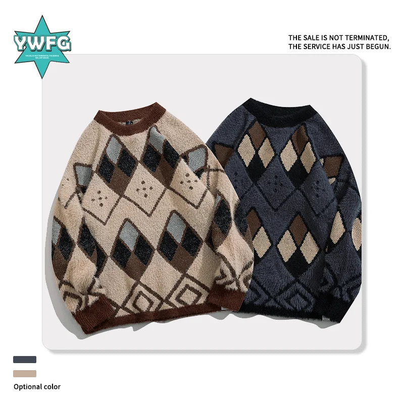 

2022 New Autumn Winter Unisex Argyle Pattern Couples Casual Loose Sweaters Men Women Crew Neck Pullover Hip Hop Knitted Sweater