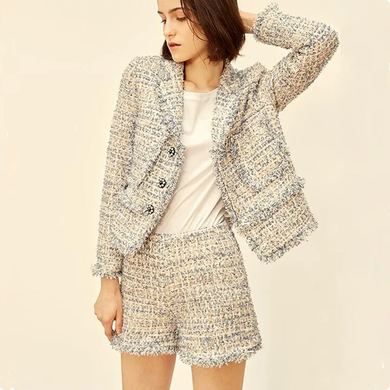 Женский твидовый костюм из двух предметов элегантный подиумный шерстяной пиджак