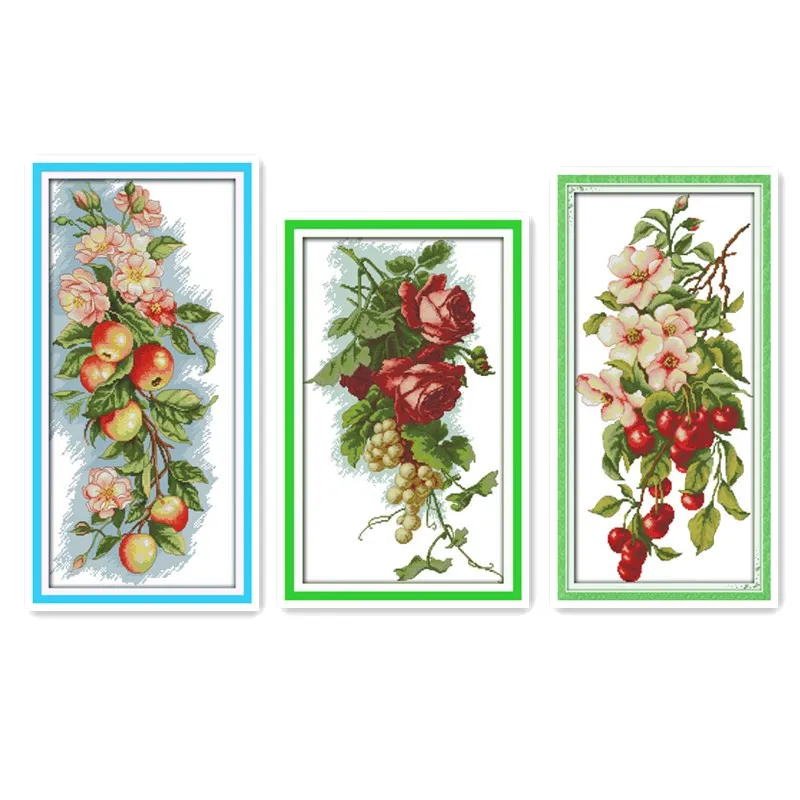 

Fruits Cherry Grapes Apples Cross-stitch Embroidery Rose Flowers on The Branches Decorative Hanging Paintings Arts Sewing Thread