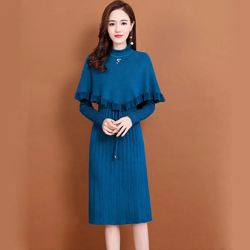 

Women Autumn Knitted Dresse With Poncho V-neck Fashion Long Sleeve Female Warm Long Sleeve Dress Ladies Elastic Dresses