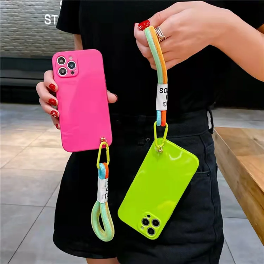 fluorescence lanyard hand strap lanyard phone case for huawei p30 lite p20 p30 p40 pro nova 7i 7 7 se candy soft silicon cover free global shipping
