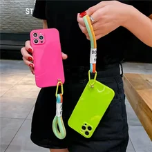 Fluorescence Lanyard Hand Strap Lanyard Phone Case For Huawei P30 Lite P20 P30 P40 Pro Nova 7i 7 7 SE Candy Soft Silicon Cover