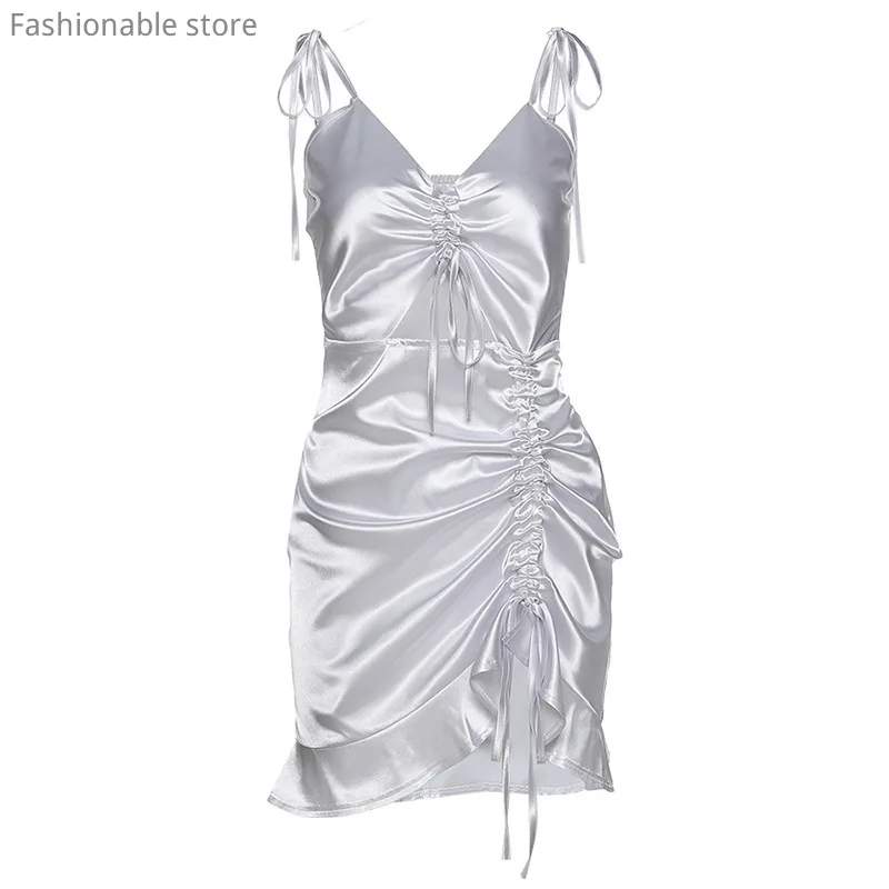 

Women Deep V Neck Hollow Out Satin Party Dress Black Sleeveless Ruffles Mini Dress