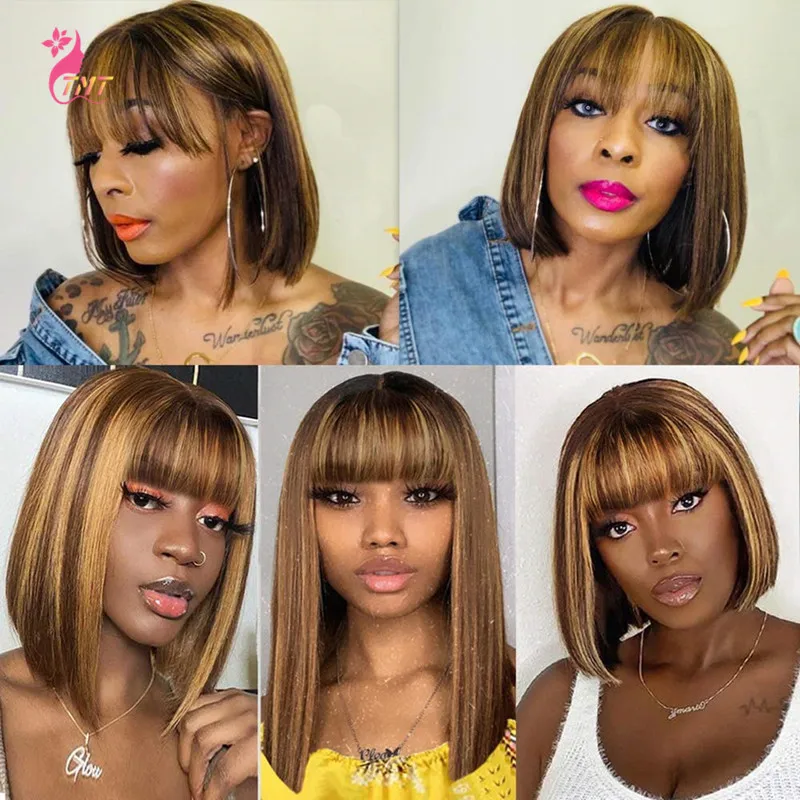 

Synthetic Straight Ombre Color 4/27 Short Bob Wigs with Bangs for Black Women Short Bob Wigs Honey Blonde Highlight Color Wig