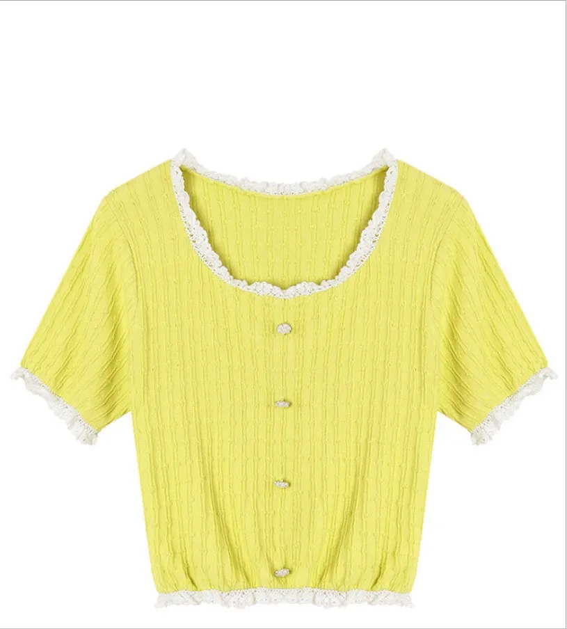 

Hipster Lace Short Viscose Fiber Knitted T-shirt Women's Summer Short-Sleeved Thin Top Casual Button Solid Fresh Sweet