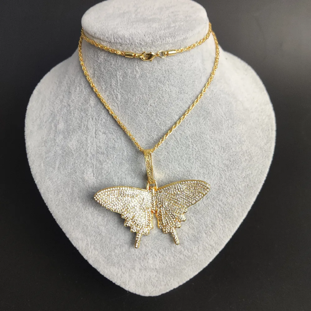 

Big Butterfly Charms Pendant Chain Choker Necklace Iced Out Cubic Zirconia Bling Hip Hop Jewelry For Men Women
