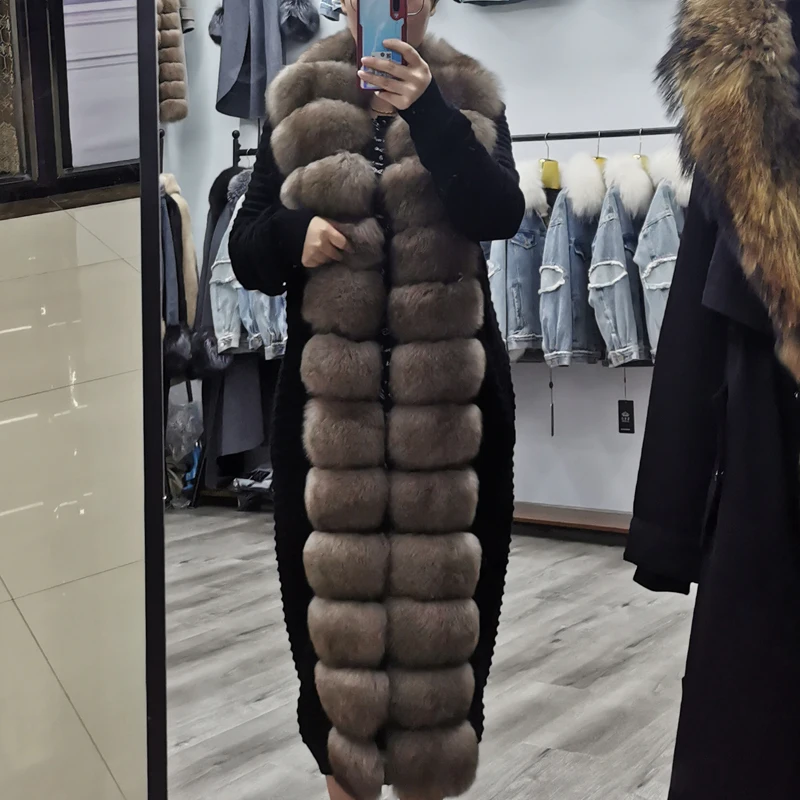 2022 New Wool Fur Sweater Cardigan Coat Women Knitted Trench With Large Detachable Fox Fur Collar Winter Long Jacket