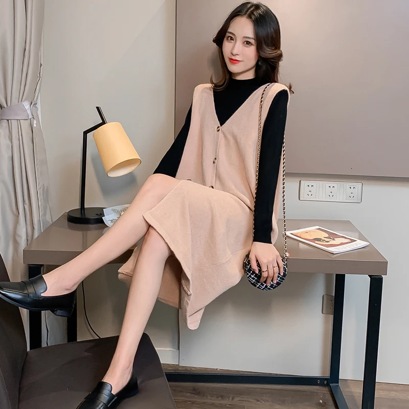 #2625 весна-осень вязаные платья-рубашки без рукавов и черные футболки с длинным