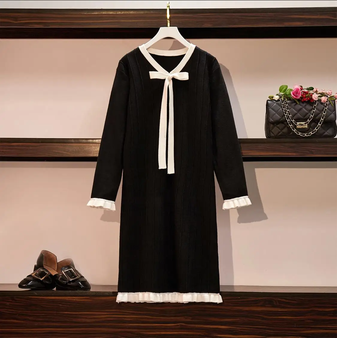 

4XL Plus Size Women Knitted Sweater Dresses Bow Collar Long Sleeve Black Autumn Winter Loose Basic Knitting Vestidos de fiesta