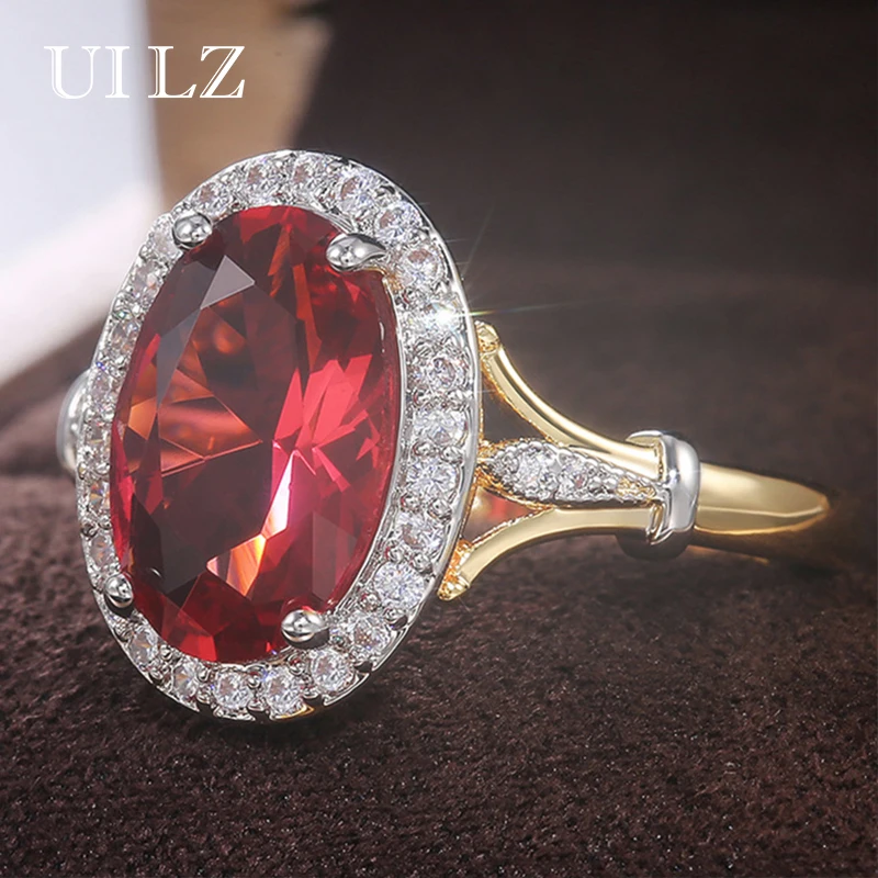 

Uilz Luxury Prong Set Red Cubic Zirconia Women Rings Large Oval Crystal Jewelry for Party Best Christmas Gift Brilliant CZ Ring
