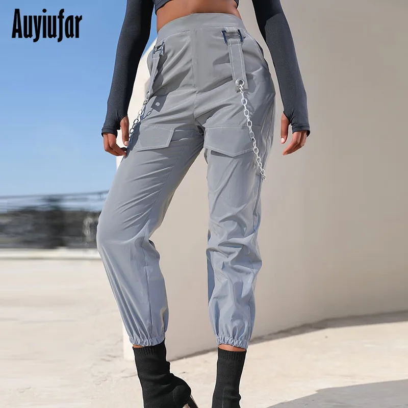 AuyiufarReflective Cargo Pants Women Suspender Trousers with Pockets Fashion Loose Streetwear Female's Trousers with Train