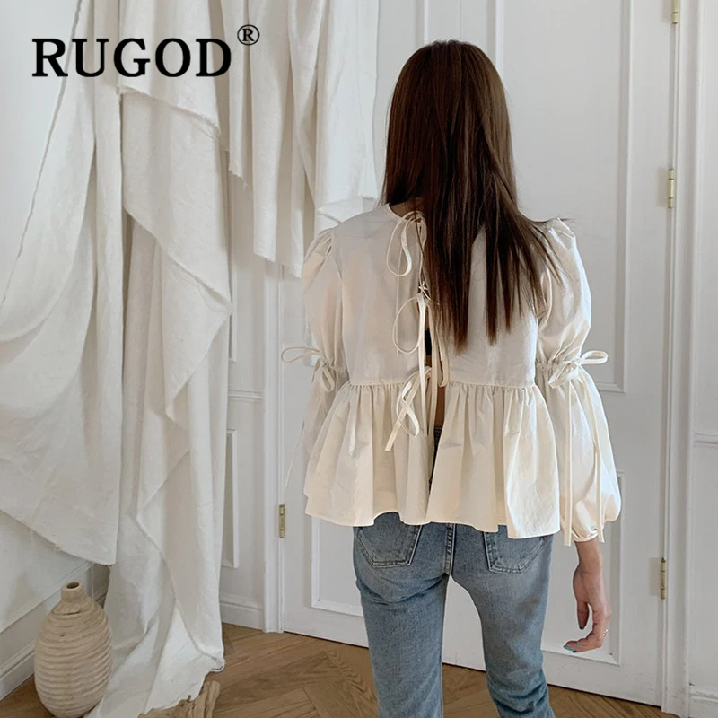 RUGOD ins, модная однотонная женская блузка, Корейская, с пышными рукавами, с открытой спиной, на шнуровке, женская осенняя одежда, повседневные, с оборками, милые топы, femme
