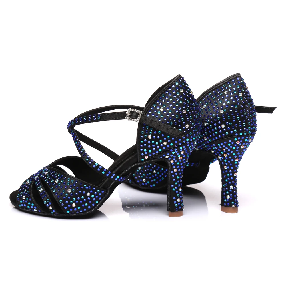 HROYL Women Latin Dance Shoes Elegant With Rhinestone Ballroom Tango Dancing Shoes High Heels Blue Sandals