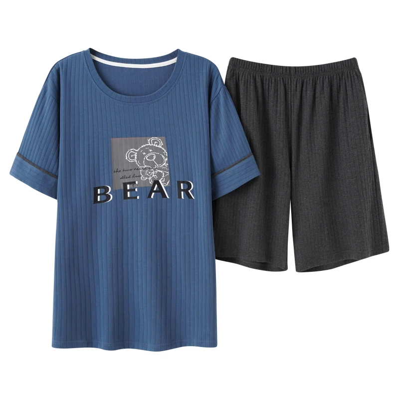 

Men's Pajamas Set Summer Couples Round Neck Short Sleeve Homewear Kawaii Pink Cartoon Little Bears Print Cotton Ladies Sleepwear
