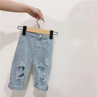 

Children's Korean Straight Ripped Pants Pocket Jeans 2021 Spring New Boys and Girls Cowboy Trousers Casual Jeans Children's Wear