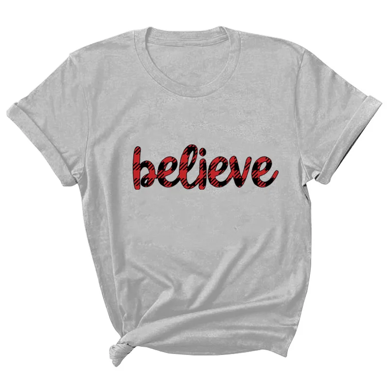 

Plaid Believe Letter Print Women T Shirt Short Sleeve ONeck Loose Women Tshirt Ladies Tee Shirt Tops Clothes Camisetas Mujer