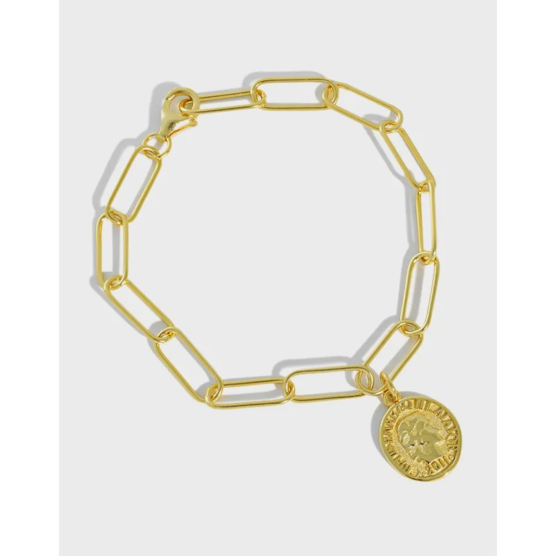 

18K Золотые подлинное 925 пробы фигурка из серебра портрет в виде геометрических фигур монета массивная цепочка браслет ювелирные изделия панк TLS399