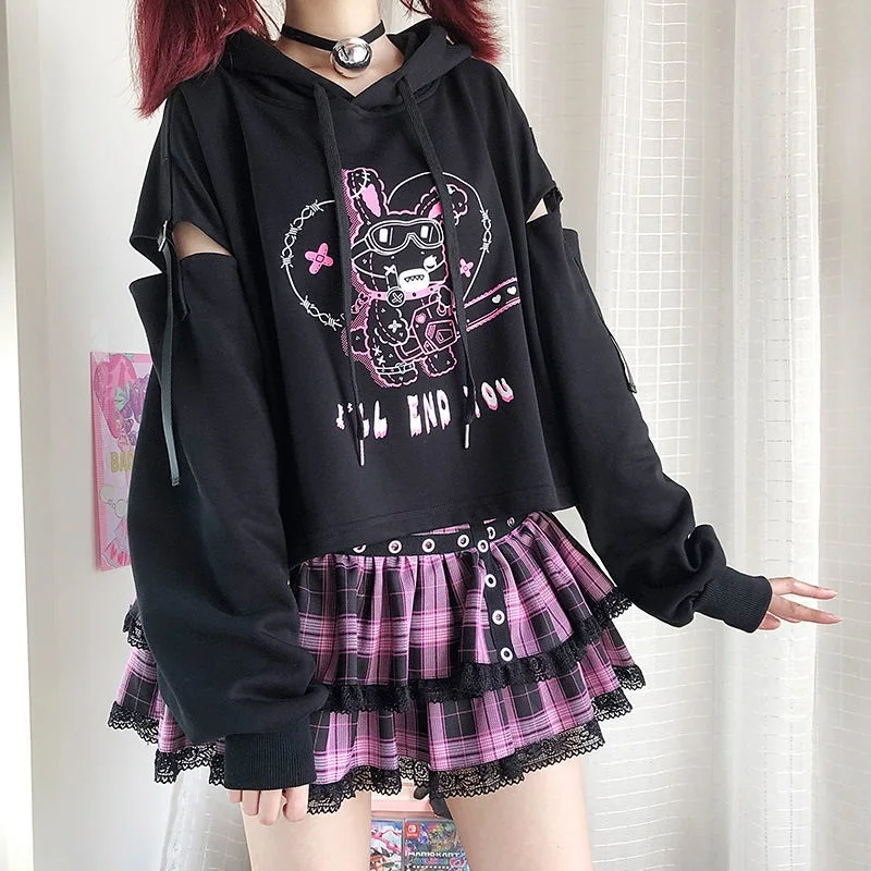 

Hoodie bunny print Women Harajuku Gothic punk Autumn Winter Kawaii Sweatshirt Hoody Female Aesthetic black Stitching belt hollow