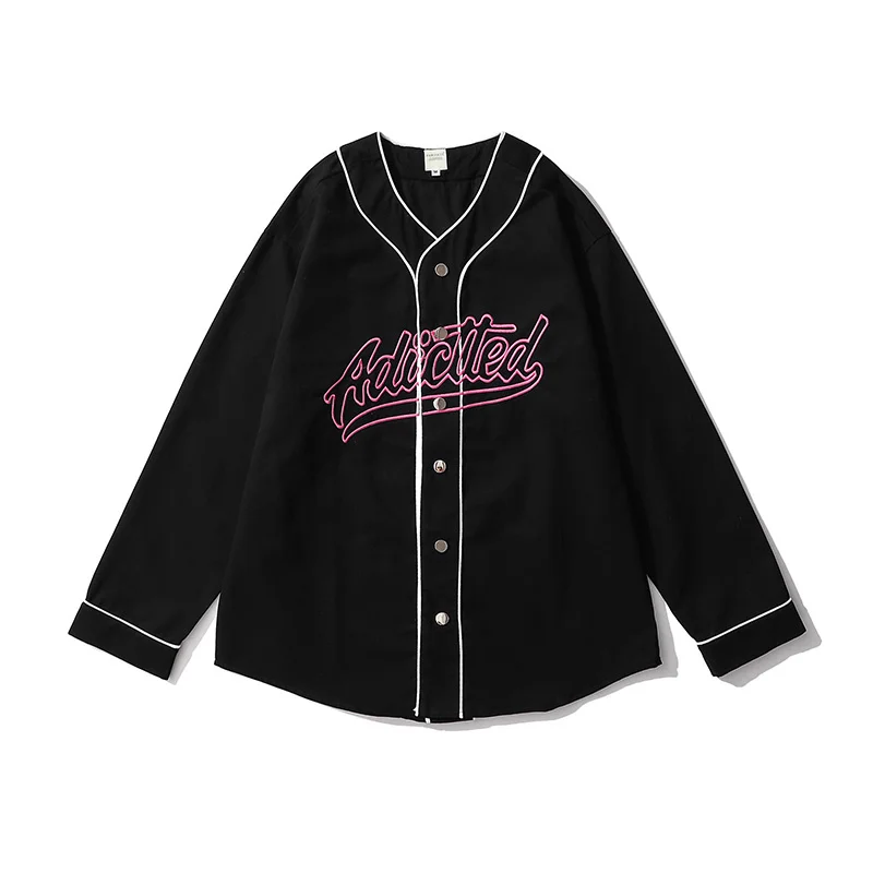 

Shirt With Male Baseball Embroidered Shirt Loose Lettering V-neck Retro New High Quality Casual For Couples Masculino Clothing