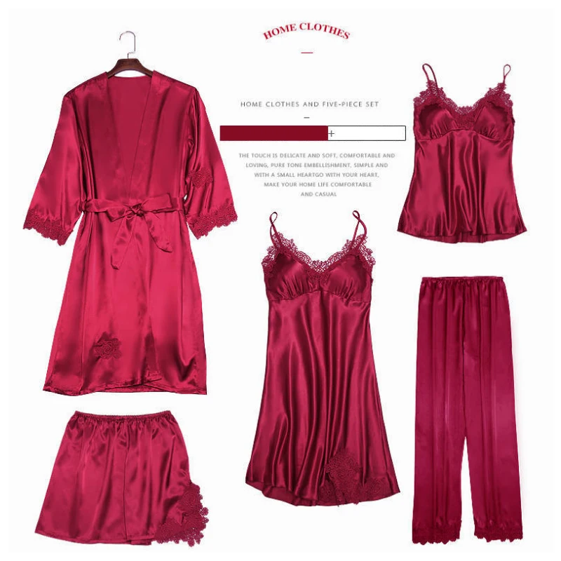 Пижама женская атласная из искусственного шелка комплект 5 предметов домашняя