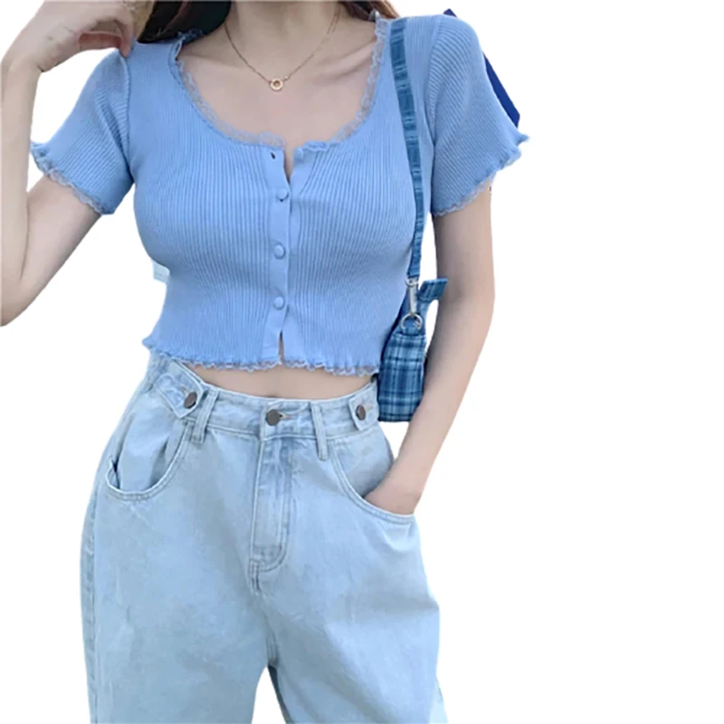 

O Neck Ruffles Short Sleeve T Shirt Women Summer Casual Button Crop Top Basic Blue Pink T Shirt Tops