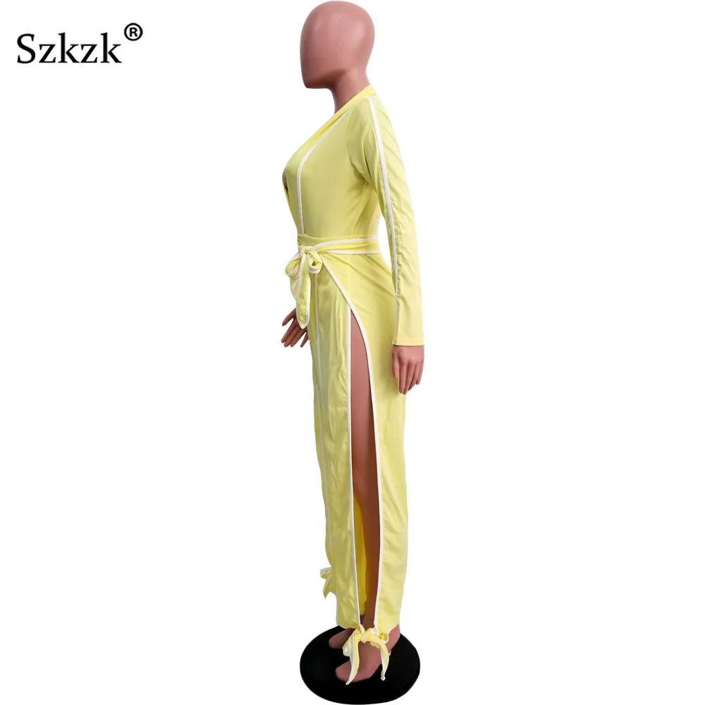 

Szkzk Slit Bandage Jumpsuit Long Sleeve Deep V Neck Rompers Womens Jumpsuit Night Club Yellow Sexy Jumpsuit Clubwear Streetwear