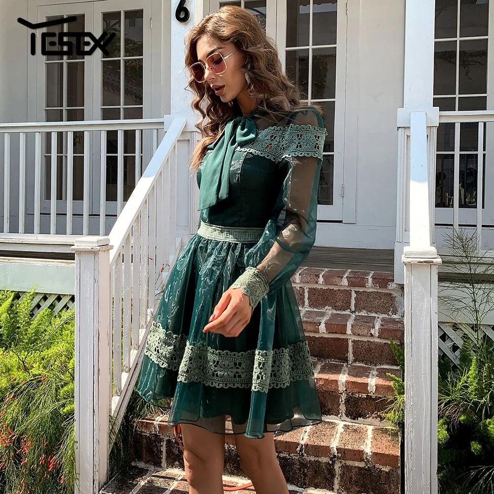 

Yesexy 2021 Women Bow Tie Neck Long Sleeve Mini Dress See Through Casual Dress High Waist A Line Summer Dress Vestidos M01041