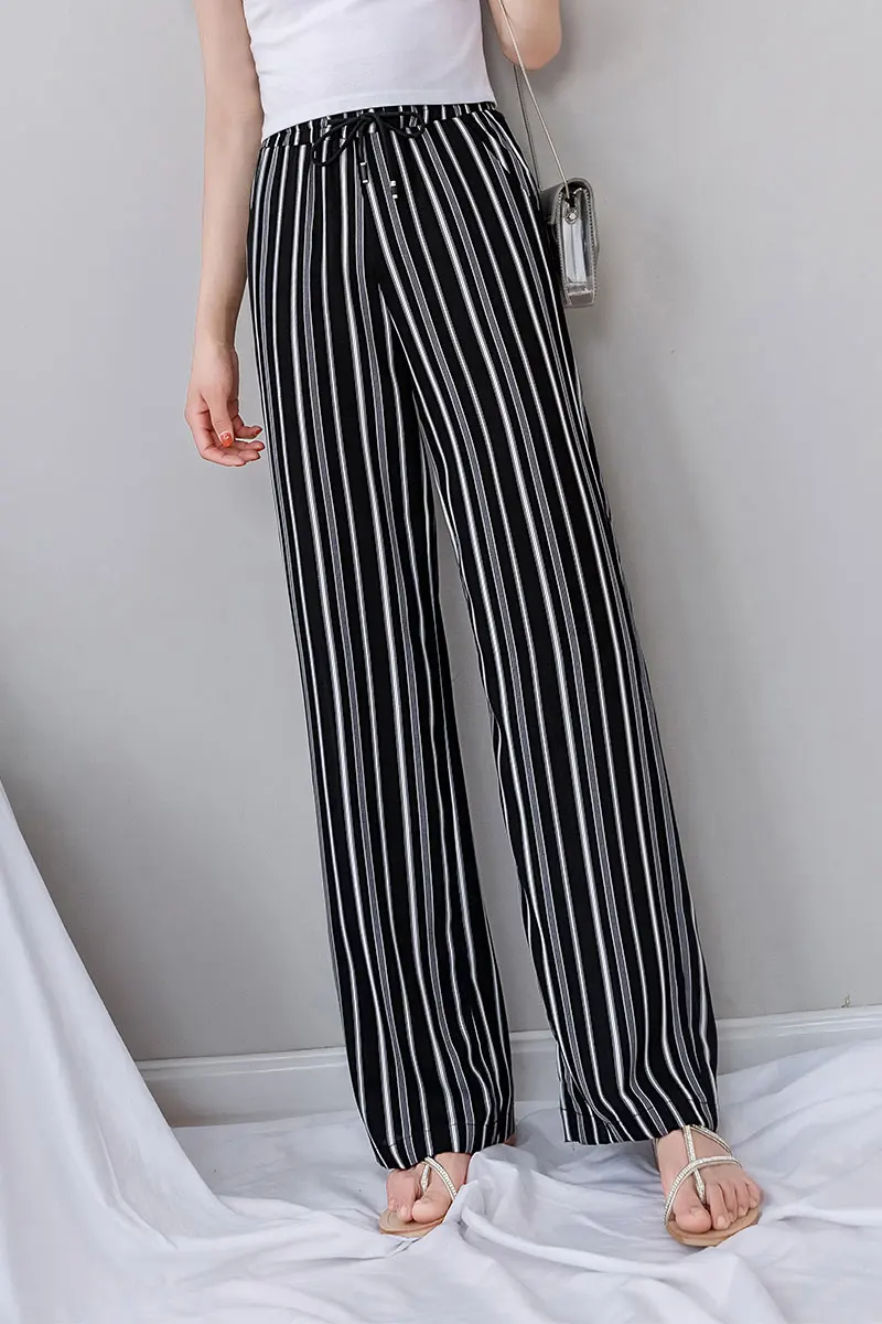 Черные Полосатые широкие брюки для женщин 2019 Летние шифоновые свободные белые