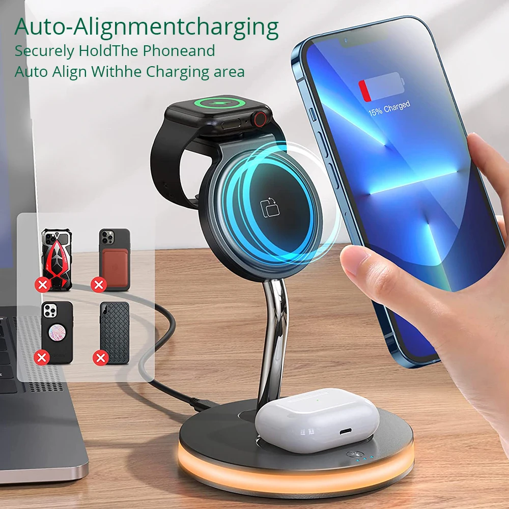 Беспроводная зарядка 4 в 1 Bonola Qi 15 Вт для iPhone 13 11 12X8 Plus Быстрая Apple Watch 6 5/Airpod Pro/2