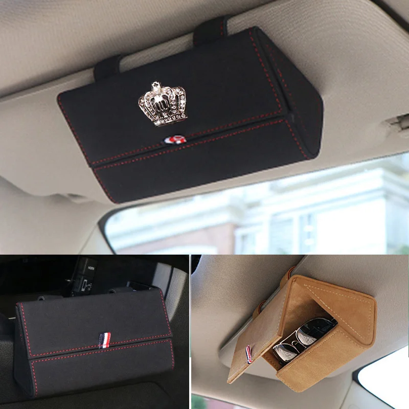

Suede Genuine Leather Crown Car Glasses Holder Box Men Magnetic Sunglasses Case Storage Box Sunshade Organizer Auto Accessories