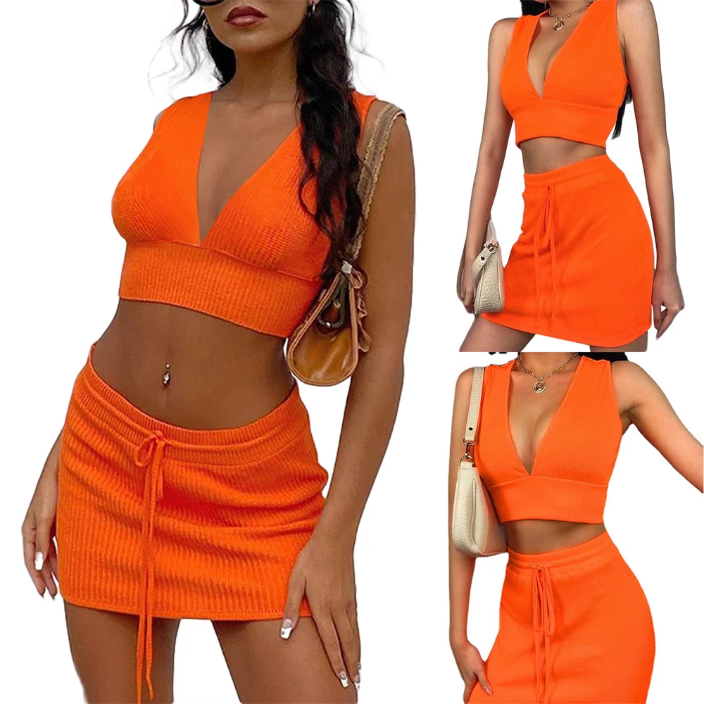 

Женский пикантный комплект из двух предметов, оранжевый однотонный топ без рукавов с глубоким V-образным вырезом и юбка, летняя женская одеж...