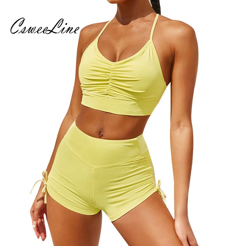 

Summer Activewear Two Piece Sets Women Drawstring Ruched Halter Crop Top Biker Shorts Solid Casual Lounge Womens Matching Sets