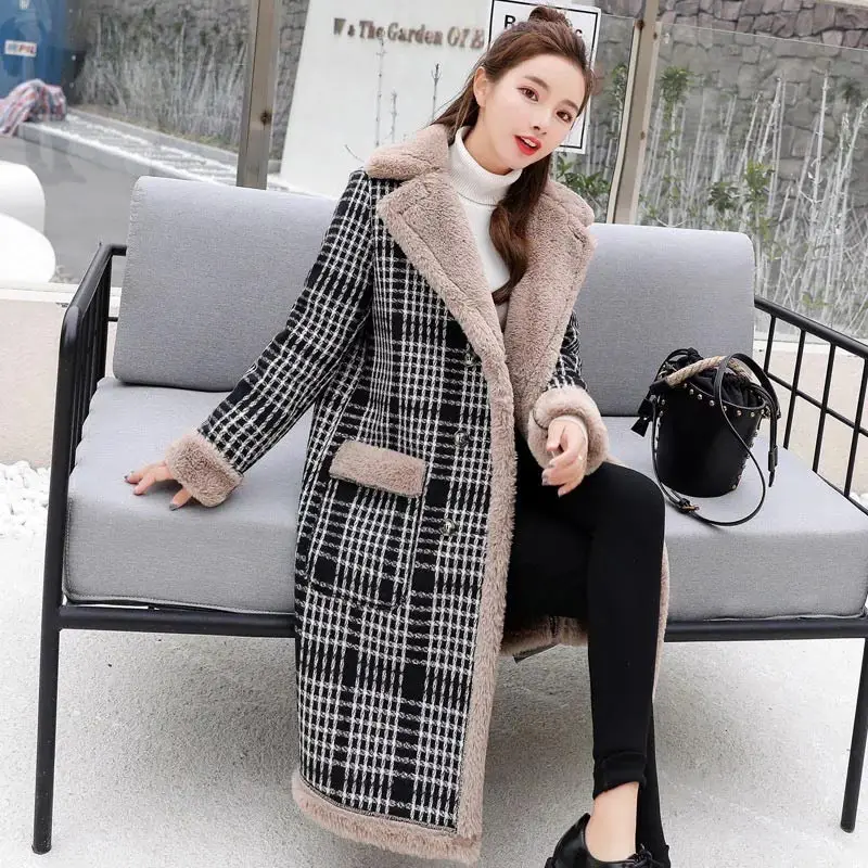 Black white grid Зимняя куртка из плотного хлопка, Женское шерстяное пальто из искусственной овечьей шерсти, повседневное Фланелевое черно-белое клетчатое женское теплое шерстяное длинное пальто, 2XL - Цвет: Black white grid
