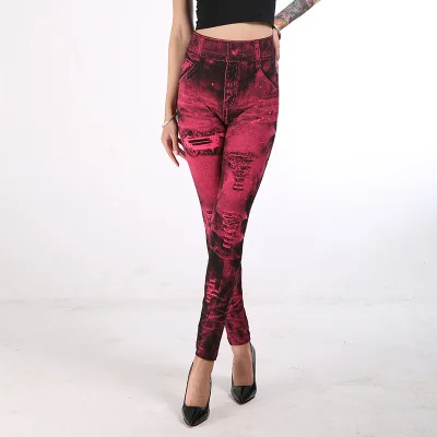 

Women's Imitation Jeans Leggings Pants Stretchable Slim Fitness Leggings Faux Denim Jeans High Hips Sports Pencil Pants Casual