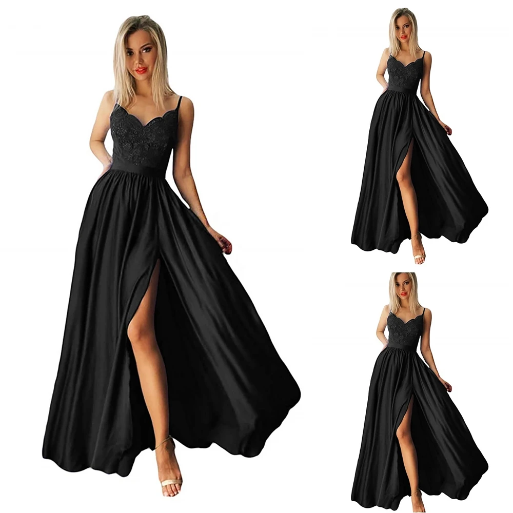 

Bridesmaid Dresses Applique Prom Party Gown A Line Spaghetti Gown Formal Dresses Thigh-High Slits V-Neck