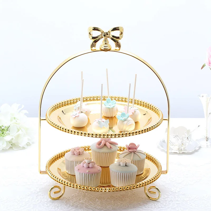 

Nordic Creative Bow Iron Two-layer Cake Tray Home Decoration Baking Wedding Fruit Inventory Tray Exquisite Shelf Ornaments Gifts