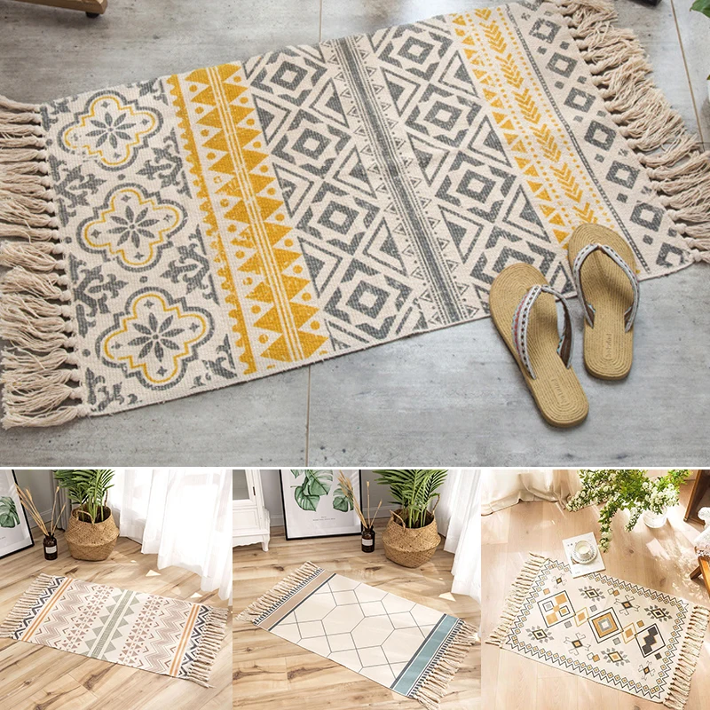 

Retro Hand Woven Tassel Carpet for Home Living Room Window Bedside Table Runner Door Mat Home Decoration Linen Rug 60x90cm