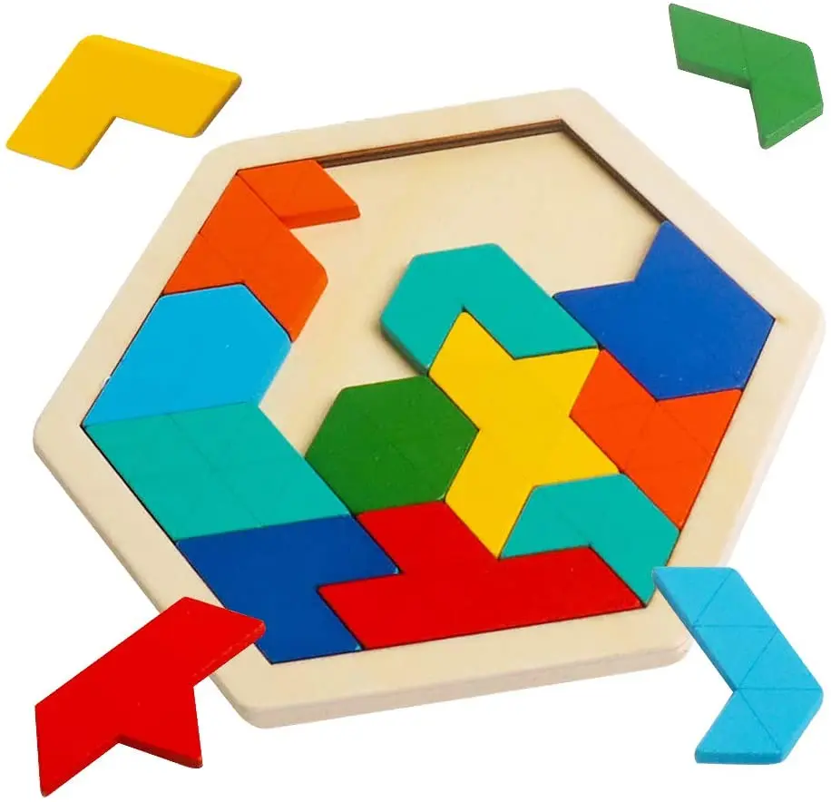 

Wooden Hexagon Puzzle for Kid - Shape Pattern Block Tangram Brain Teaser Toy Geometry Logic IQ Game Montessori Educational