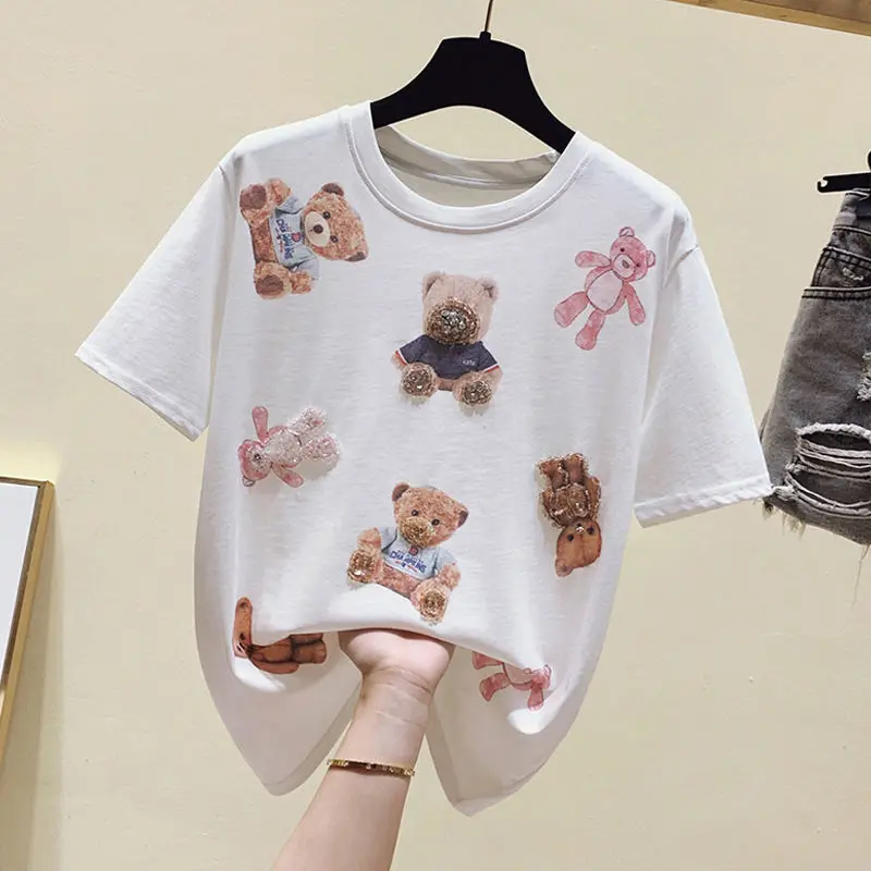 

2021 Summer New Beaded Bear Cartoon Print T-shirt Female Short-sleeved Half-sleeved T-shirt Top Graphic T Shirts Woman Tshirts