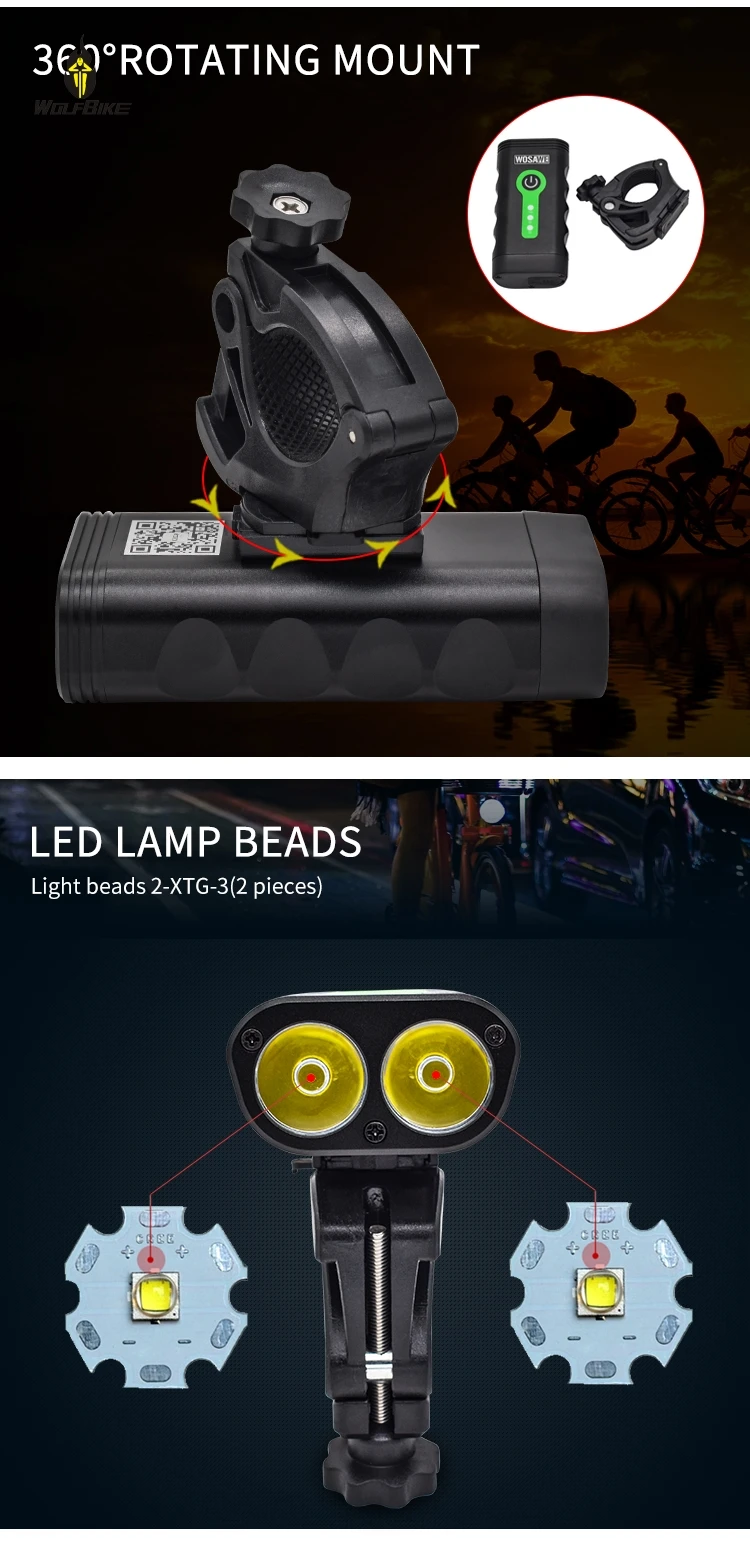 Wolfbike велосипедные фонари светодиодный Мощный встроенный аккумулятор USB Перезаряжаемый 5 режимов Ночная езда на велосипеде кемпинг походные фонари