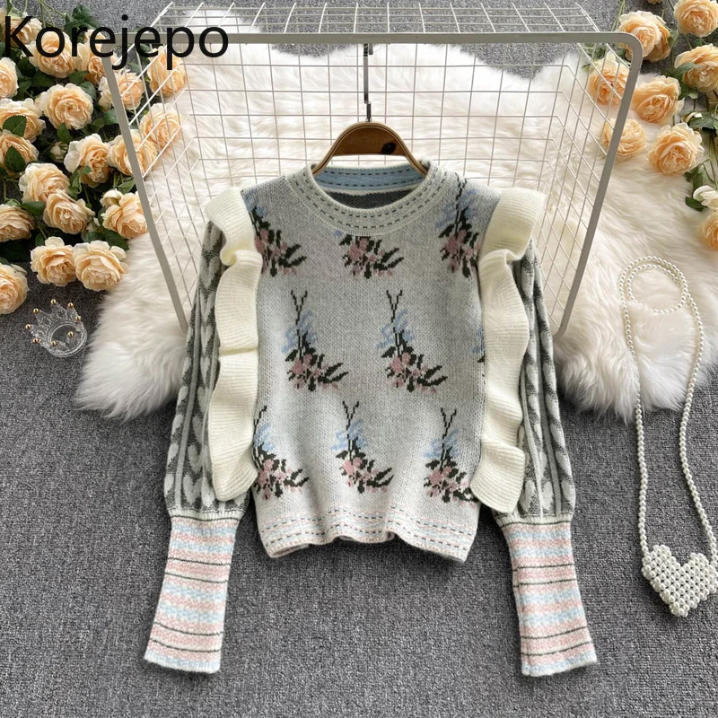 

Korejepo Japanese Sweet Retro Knit Top with Wood Ear Stitching Contrast Color Pullover Sweater Women Autumn and Winter 2021 New