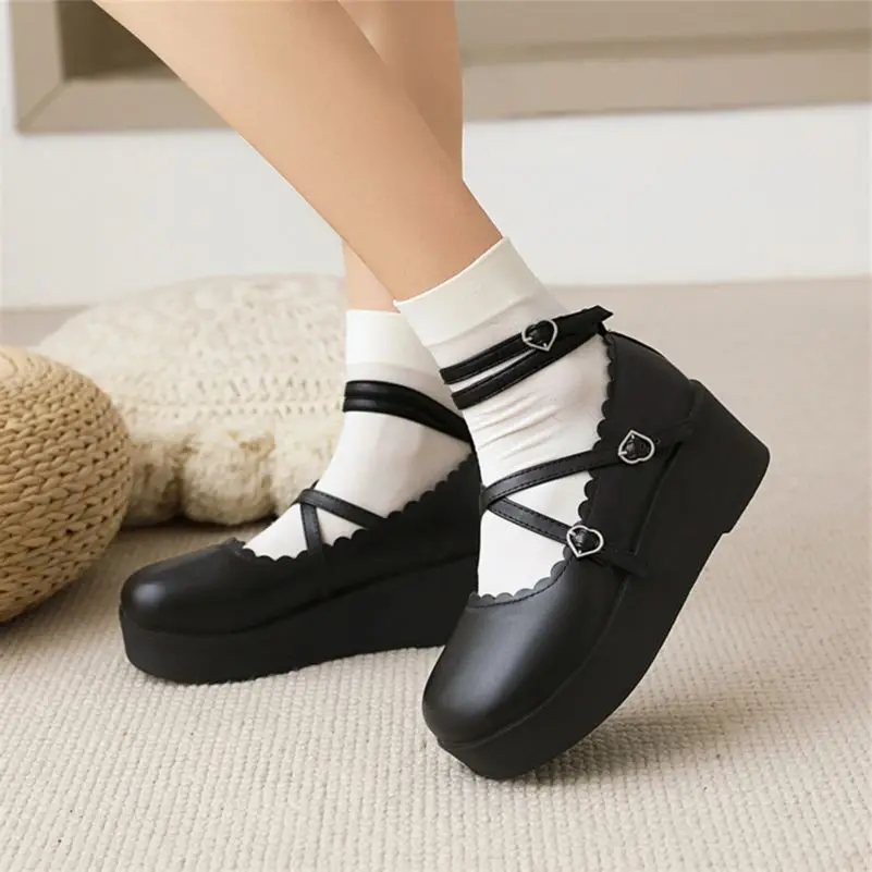 FOREADA Woman Lolita Style Shoes AnkleWedges High Heels Pumps Platform Buckle Lady Footwear Round Toe Lovely Pumps 34-43 Pink