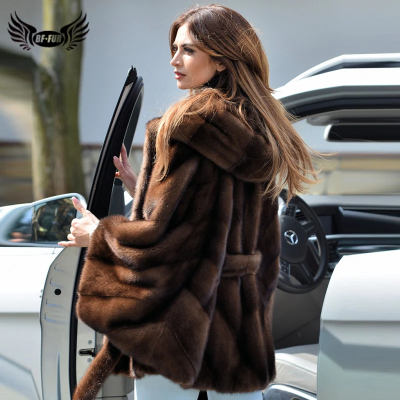 BFFUR 2022 Fashion Winter Mink Fur Jacket With Hood Natural Women Wholeskin Genuine Mink Fur Coats Bat Sleeved With Fur Belt