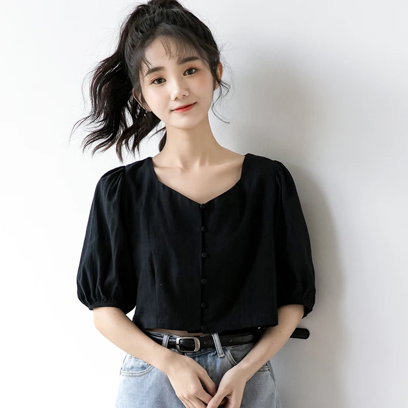 Женская рубашка с открытыми плечами черная короткая во французском стиле