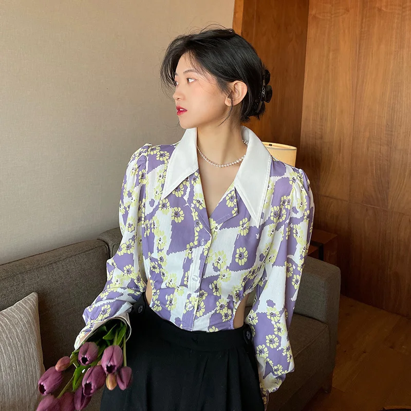 

[EAM] Women Purple Pattern Printed Hollow Out Blazer New Lapel Long Sleeve Loose Fit Jacket Fashion Spring Autumn 2021 1DE0149