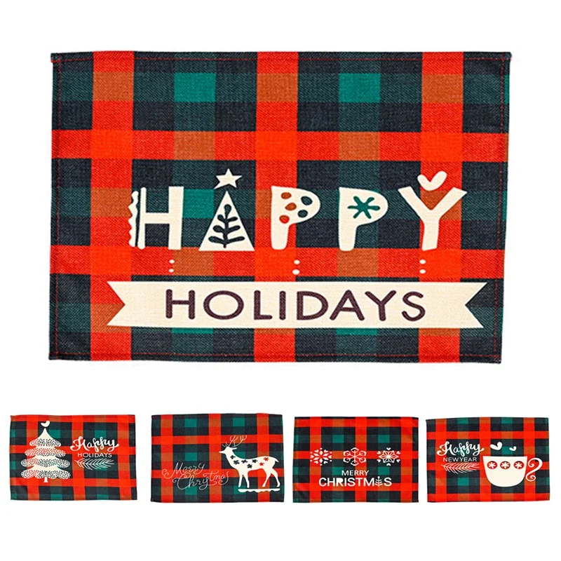 

Набор из 4 ковриков в рождественском стиле, с клетчатым принтом, моющиеся рождественские новогодние коврики для стола, кухонные украшения