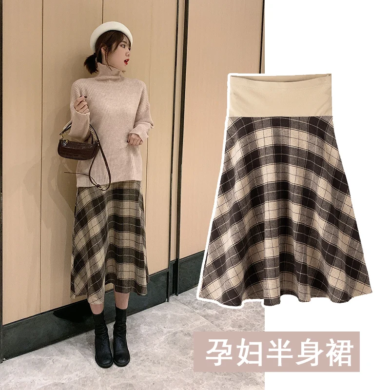 

6015# 2021 Autumn Winter Plaid Woolen Maternity Skirts Elastic Waist Belly A Line Skirts Clothes for Pregnant Women Pregnancy